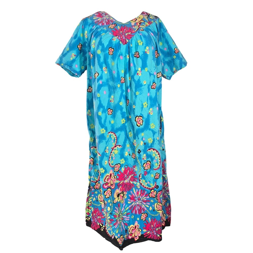 Loungees Womens Blue Floral Cotton Muumuu House Dress Short Sleeve Pockets M